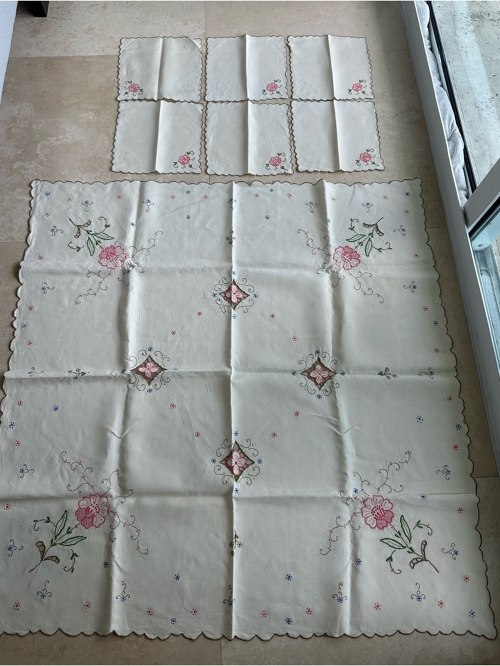 Hand Embroidered Floral Tablecloth and Napkin Set - Cream with Pink Flowers